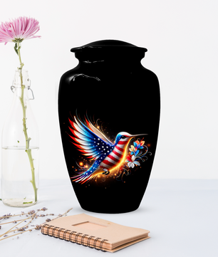 Patriotic Hummingbird Urn for Ashes, American Flag Memorial Urn