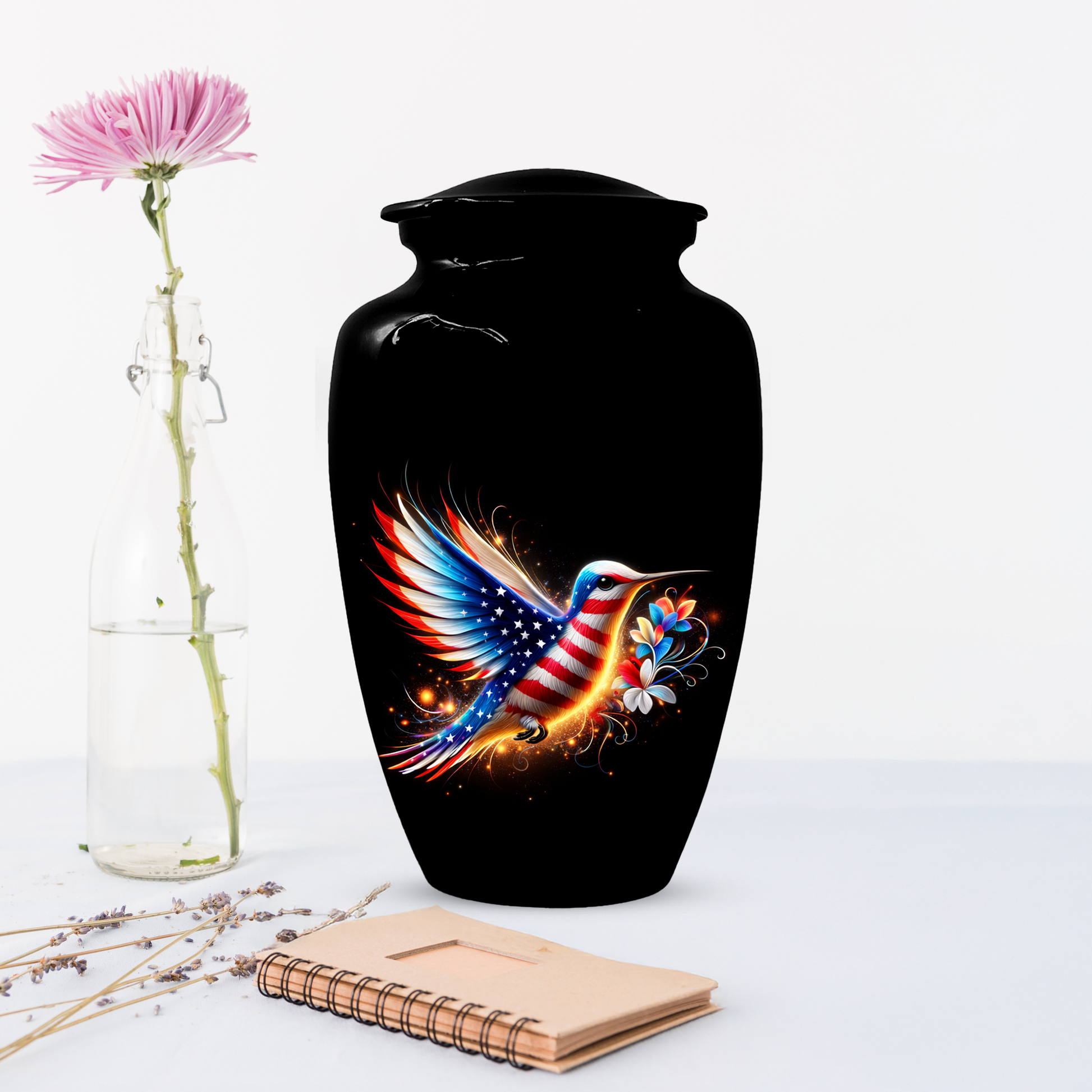 Patriotic Hummingbird Urn for Ashes, American Flag Memorial Urn
