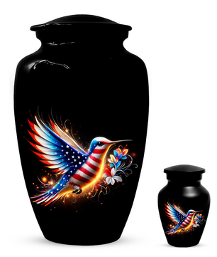 Patriotic Hummingbird Urn for Ashes, American Flag Memorial Urn