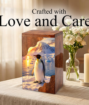 Penguin Wooden Cremation Urn – Personalized Memorial Urn for Human Ashes | Arctic Penguin Memorial Wooden Urn