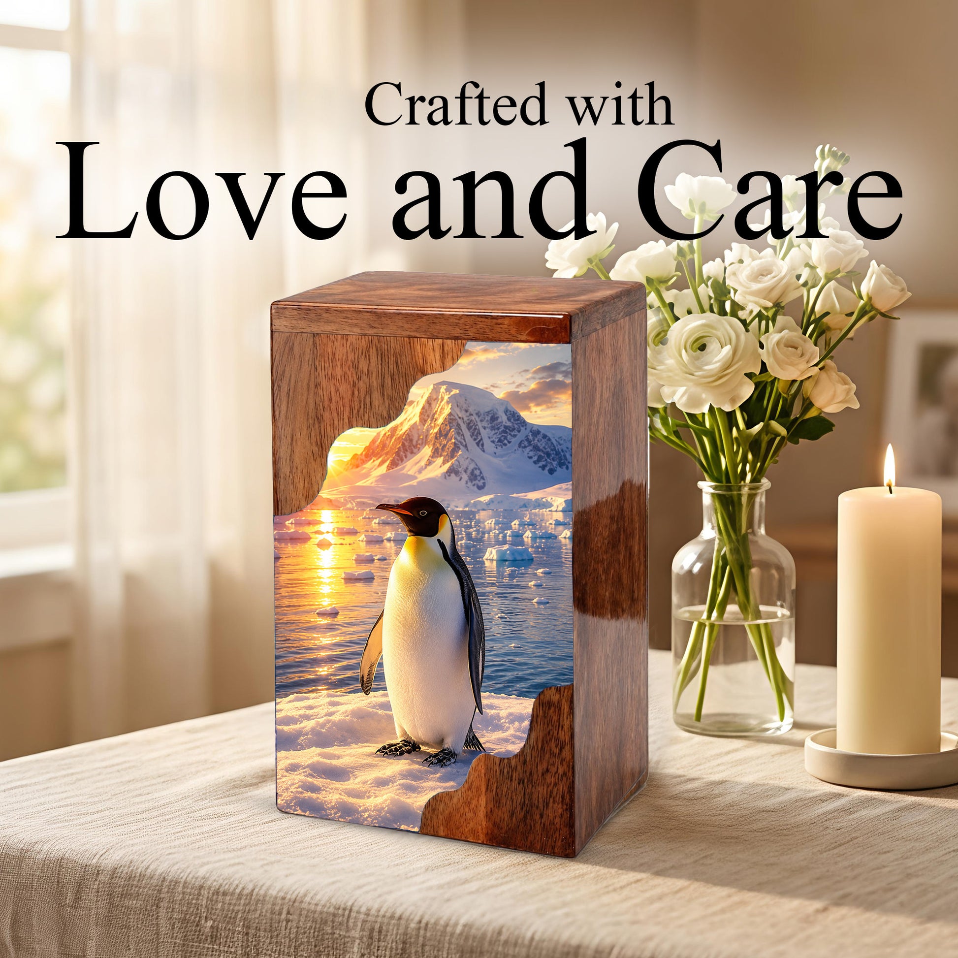 Penguin Wooden Cremation Urn – Personalized Memorial Urn for Human Ashes | Arctic Penguin Memorial Wooden Urn