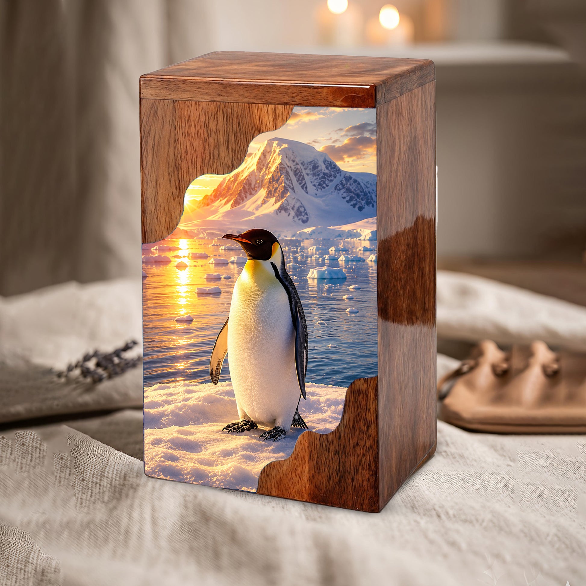 Penguin Wooden Cremation Urn – Personalized Memorial Urn for Human Ashes | Arctic Penguin Memorial Wooden Urn