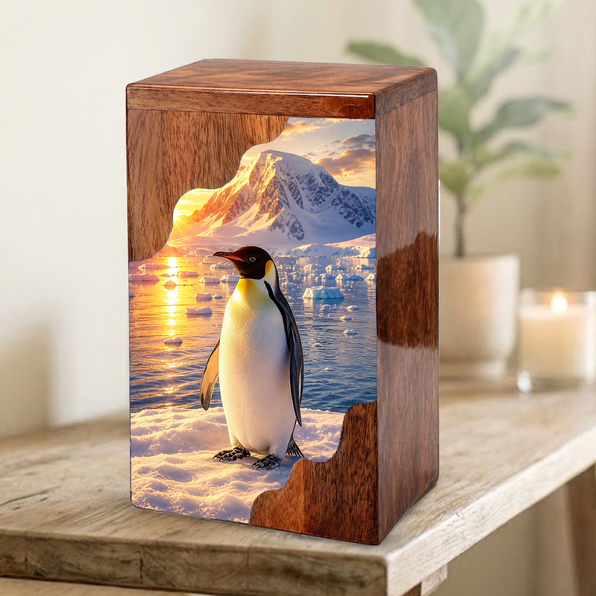 Penguin Wooden Cremation Urn – Personalized Memorial Urn for Human Ashes | Arctic Penguin Memorial Wooden Urn