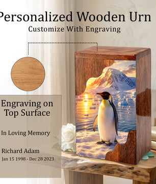 Penguin Wooden Cremation Urn – Personalized Memorial Urn for Human Ashes | Arctic Penguin Memorial Wooden Urn