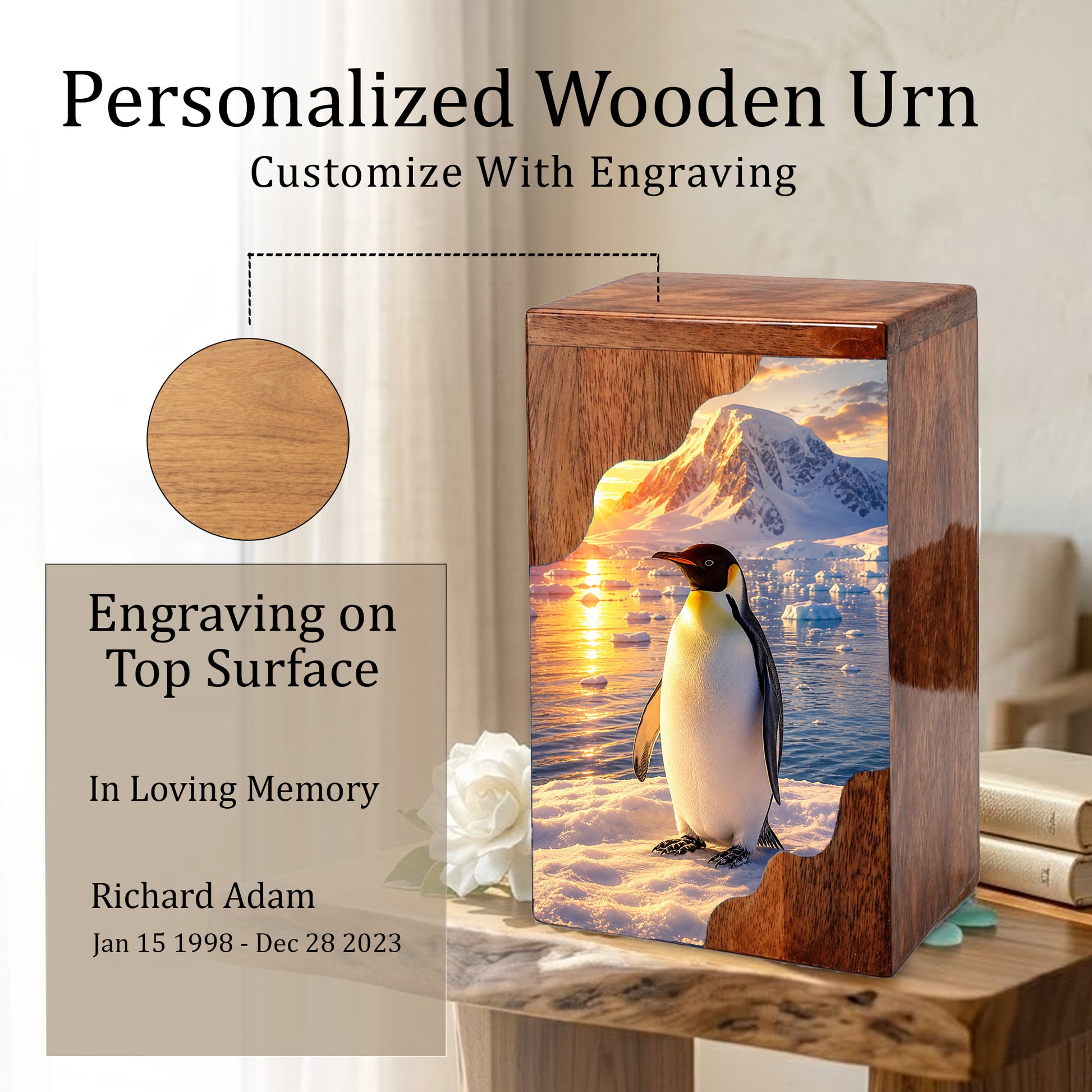 Penguin Wooden Cremation Urn – Personalized Memorial Urn for Human Ashes | Arctic Penguin Memorial Wooden Urn