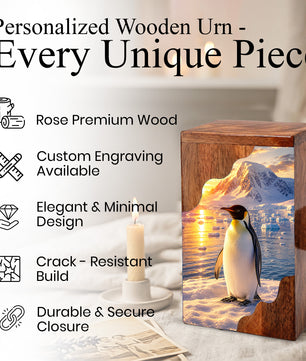 Penguin Wooden Cremation Urn – Personalized Memorial Urn for Human Ashes | Arctic Penguin Memorial Wooden Urn