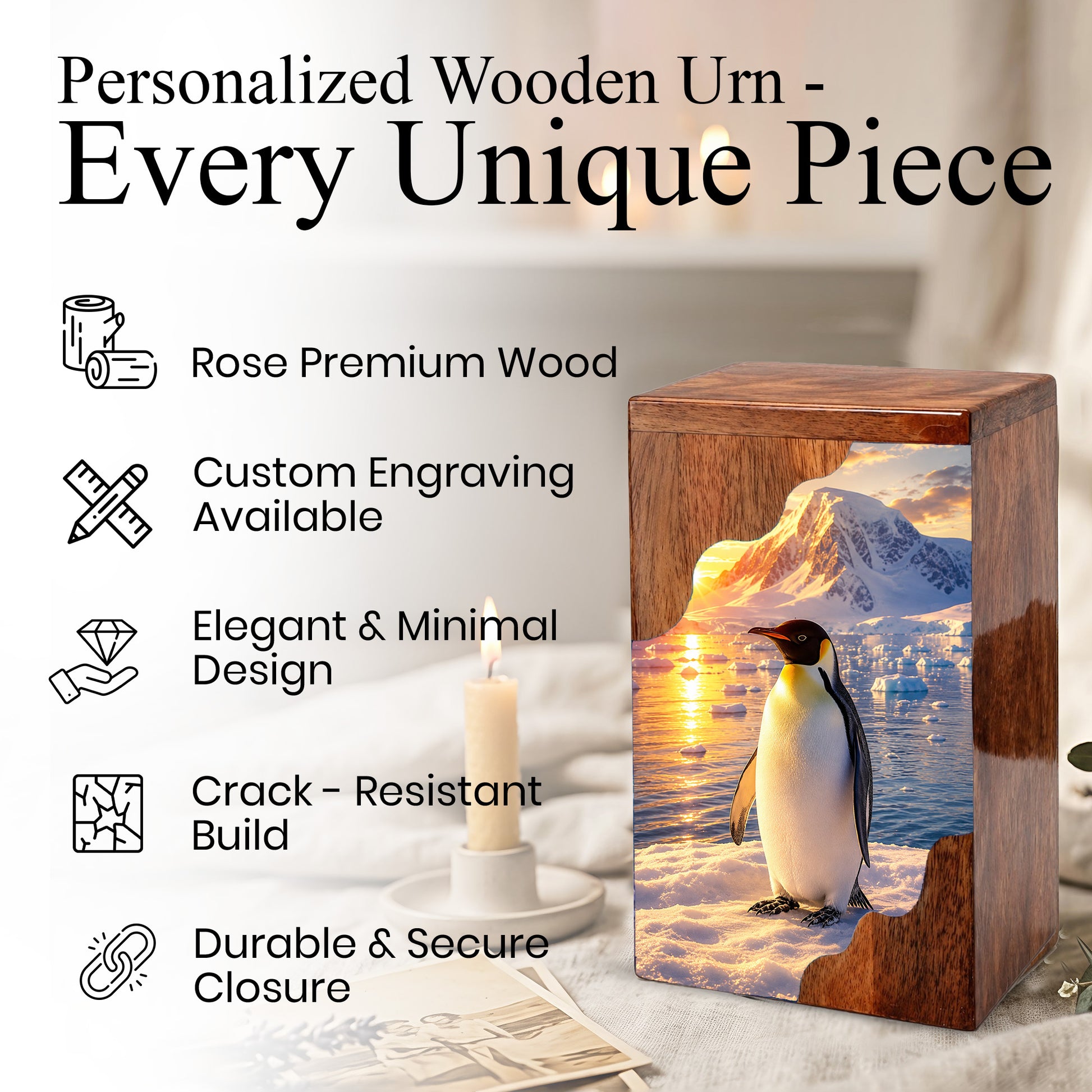 Penguin Wooden Cremation Urn – Personalized Memorial Urn for Human Ashes | Arctic Penguin Memorial Wooden Urn