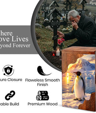 Penguin Wooden Cremation Urn – Personalized Memorial Urn for Human Ashes | Arctic Penguin Memorial Wooden Urn