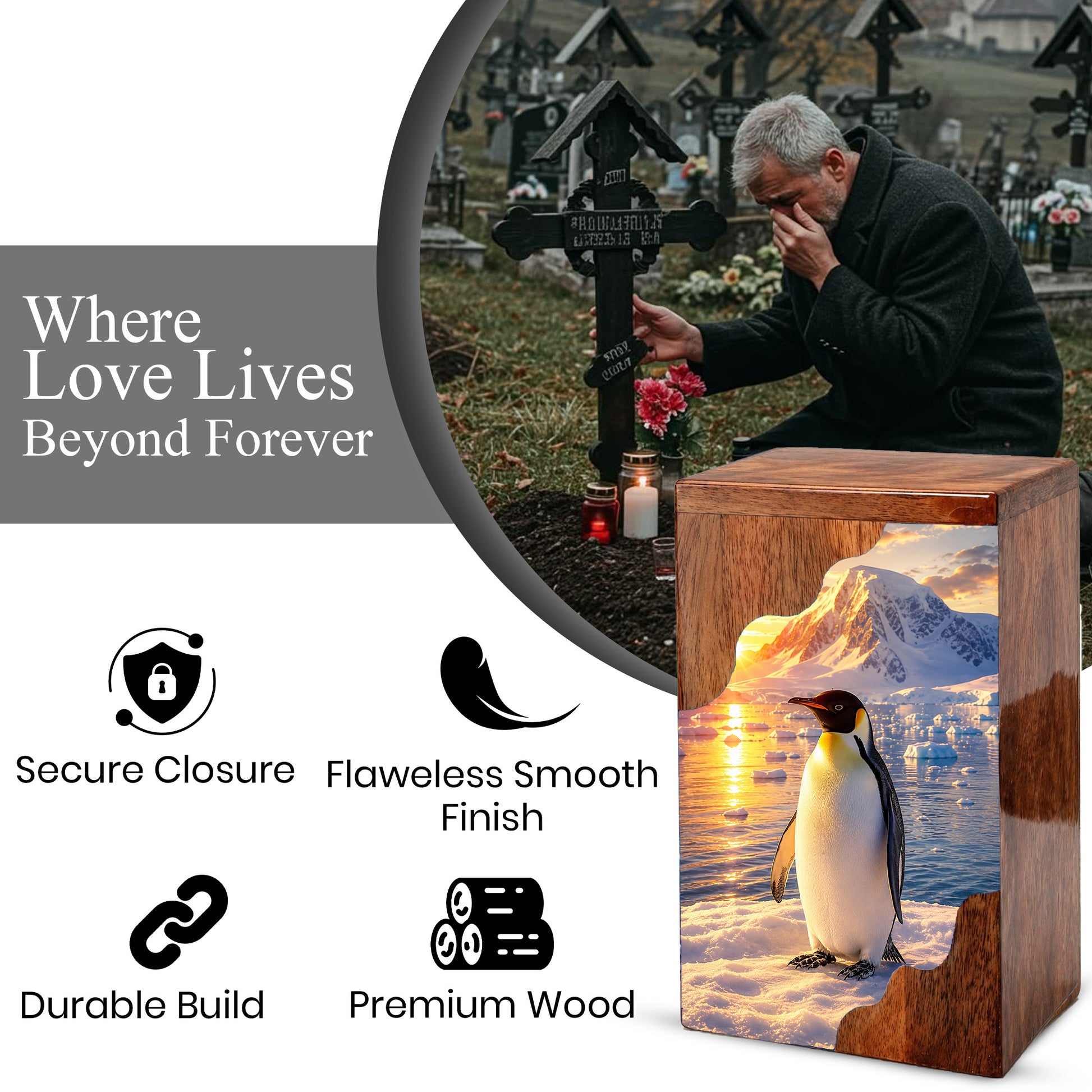 Penguin Wooden Cremation Urn – Personalized Memorial Urn for Human Ashes | Arctic Penguin Memorial Wooden Urn