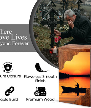 Sunset Lake Fishing Wooden Cremation Urn – Fishing in Heaven Memorial Wooden Urn for Human Ashes