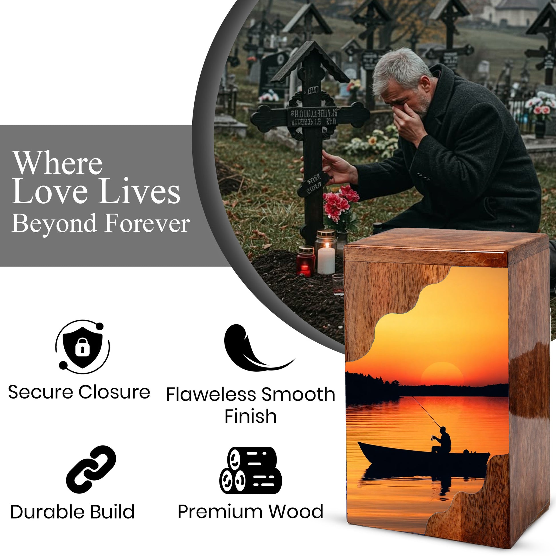 Sunset Lake Fishing Wooden Cremation Urn – Fishing in Heaven Memorial Wooden Urn for Human Ashes