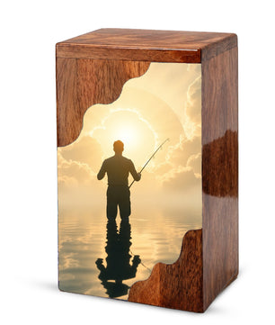Fishing in Heaven Wooden Cremation Urn – Peaceful Lake Memorial Wooden Urn for Human Ashes