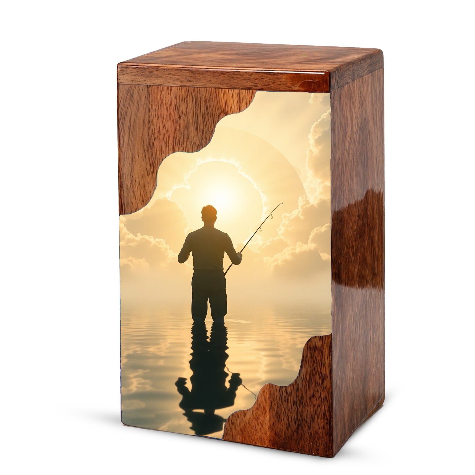 Fishing in Heaven Wooden Cremation Urn – Peaceful Lake Memorial Wooden Urn for Human Ashes