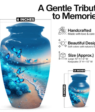 Blue Butterfly Memorial Urn for Ashes -  Ocean Beach Cremation Keepsake for Mom