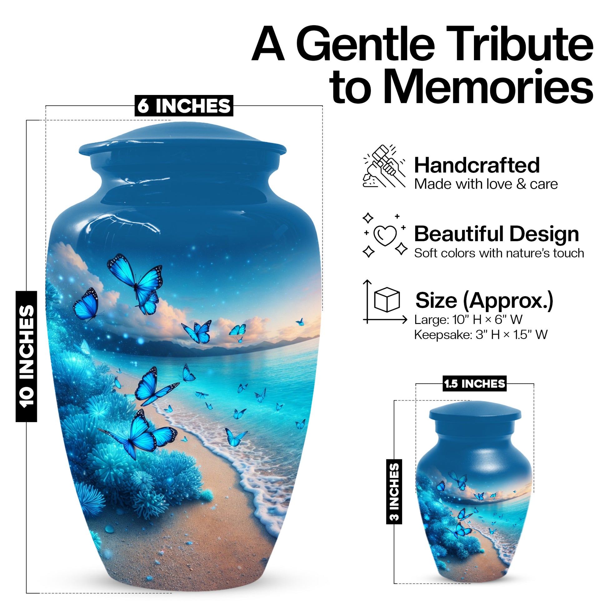 Blue Butterfly Memorial Urn for Ashes -  Ocean Beach Cremation Keepsake for Mom