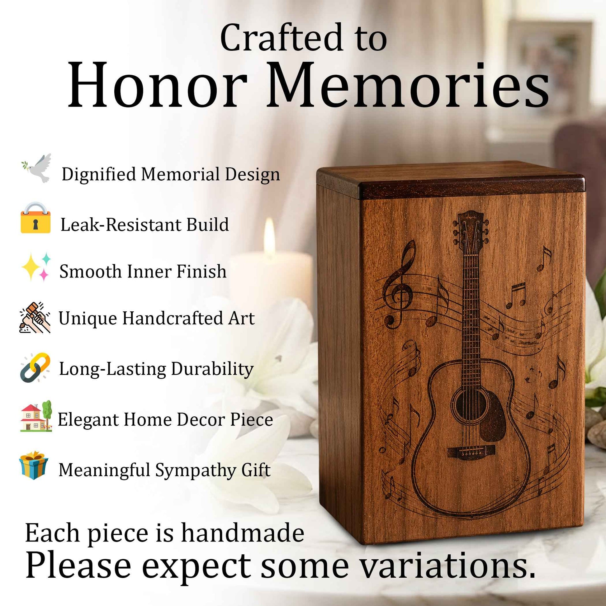 Guitar Music Urn For Human Ashes – Engraved Musician Wooden Urn Keepsake