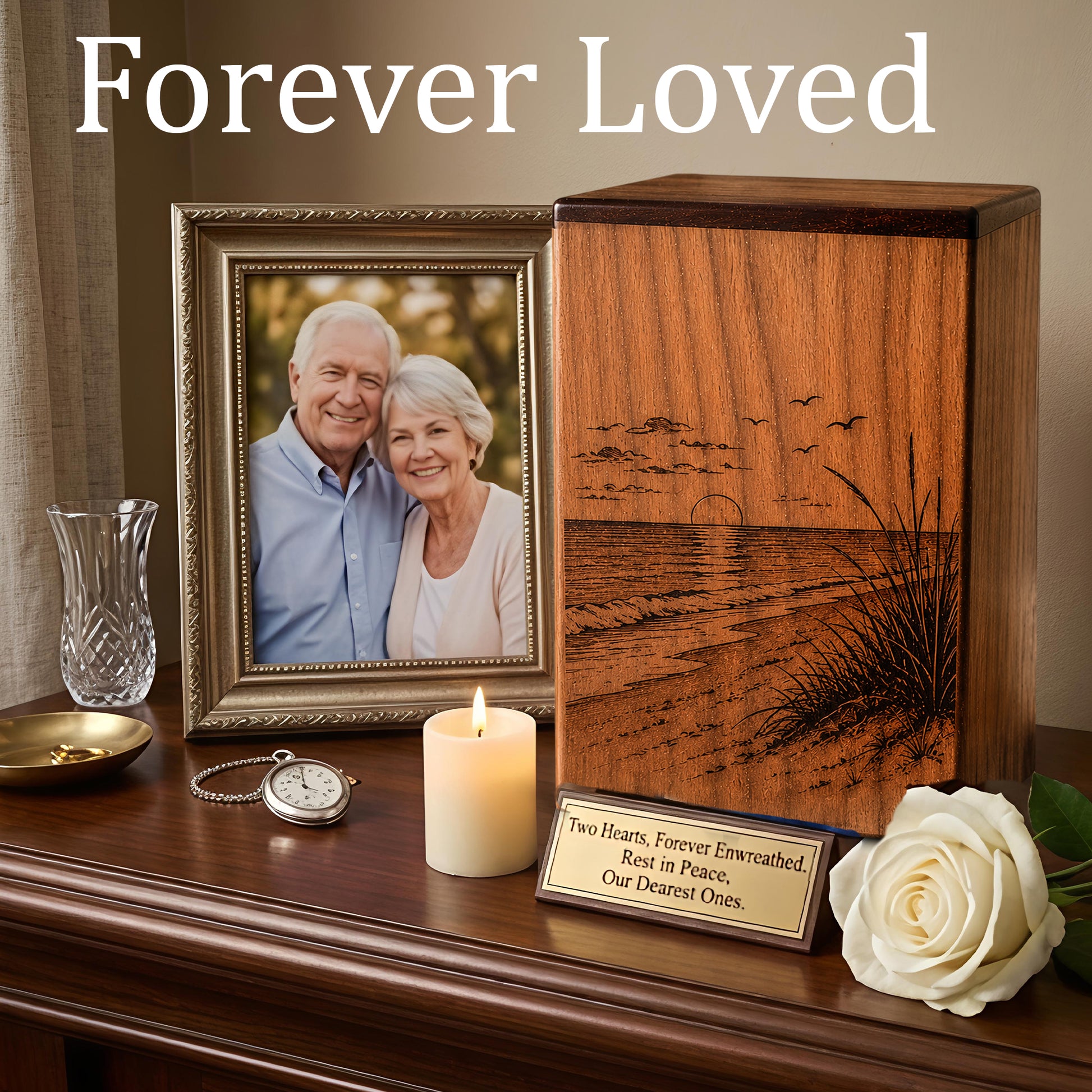 Sunset Beach Wooden Urn For Human Ashes – Custom Engraved Ocean Cremation Urn