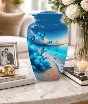 Blue Butterfly Memorial Urn for Ashes -  Ocean Beach Cremation Keepsake for Mom
