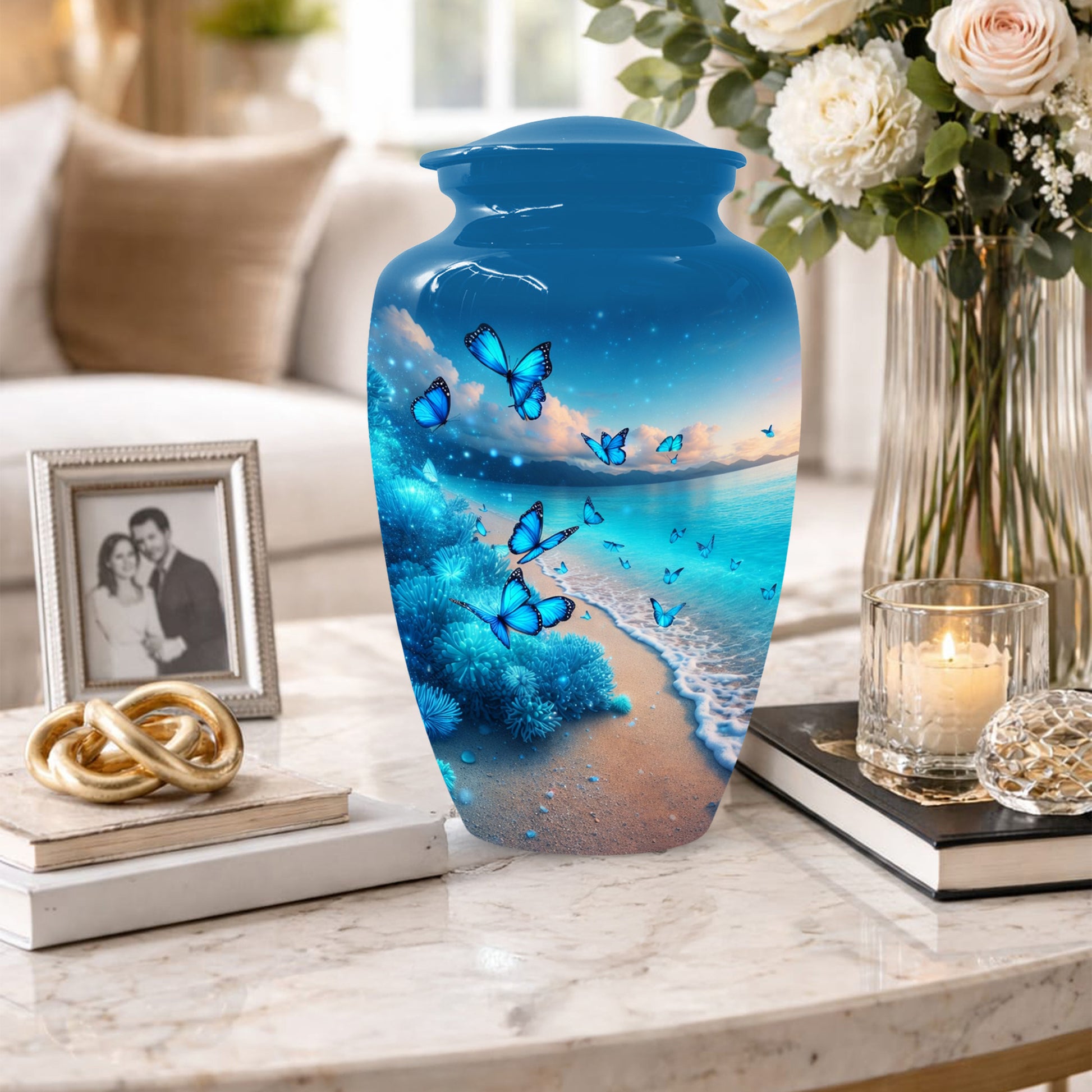 Blue Butterfly Memorial Urn for Ashes -  Ocean Beach Cremation Keepsake for Mom