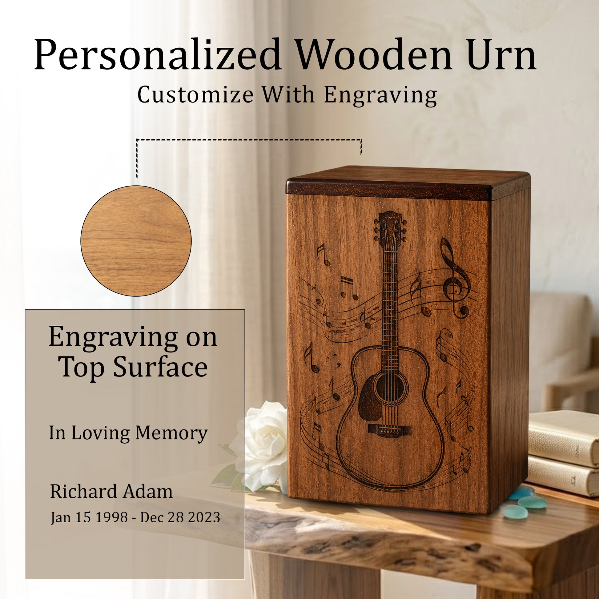 Guitar Music Urn For Human Ashes – Engraved Musician Wooden Urn Keepsake
