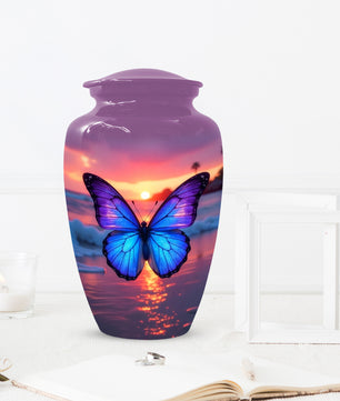 Blue Butterfly Sunset Urn for Human Ashes | Elegant Blue Butterfly Sunset Cremation Urn for Adult Memorial