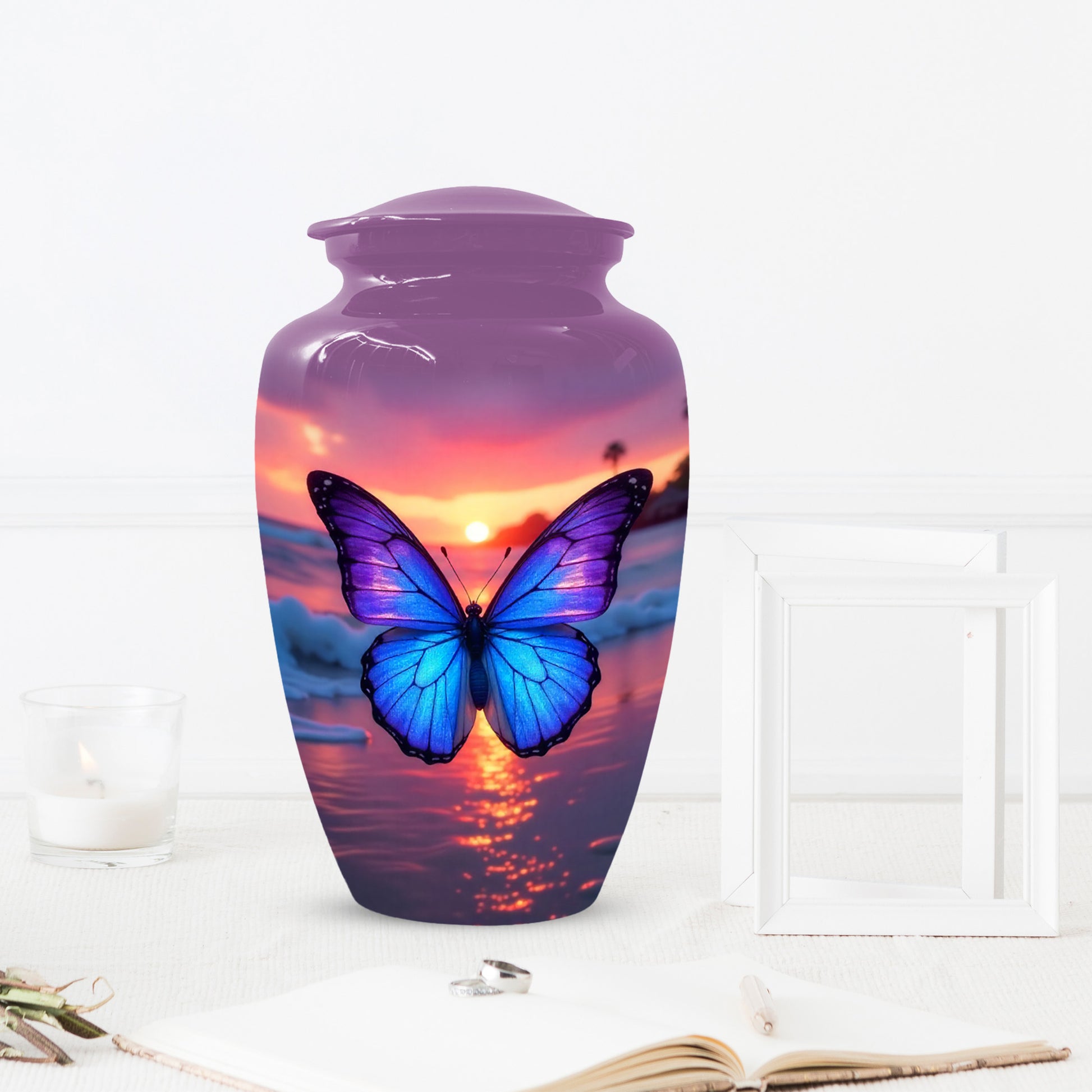 Blue Butterfly Sunset Urn for Human Ashes | Elegant Blue Butterfly Sunset Cremation Urn for Adult Memorial