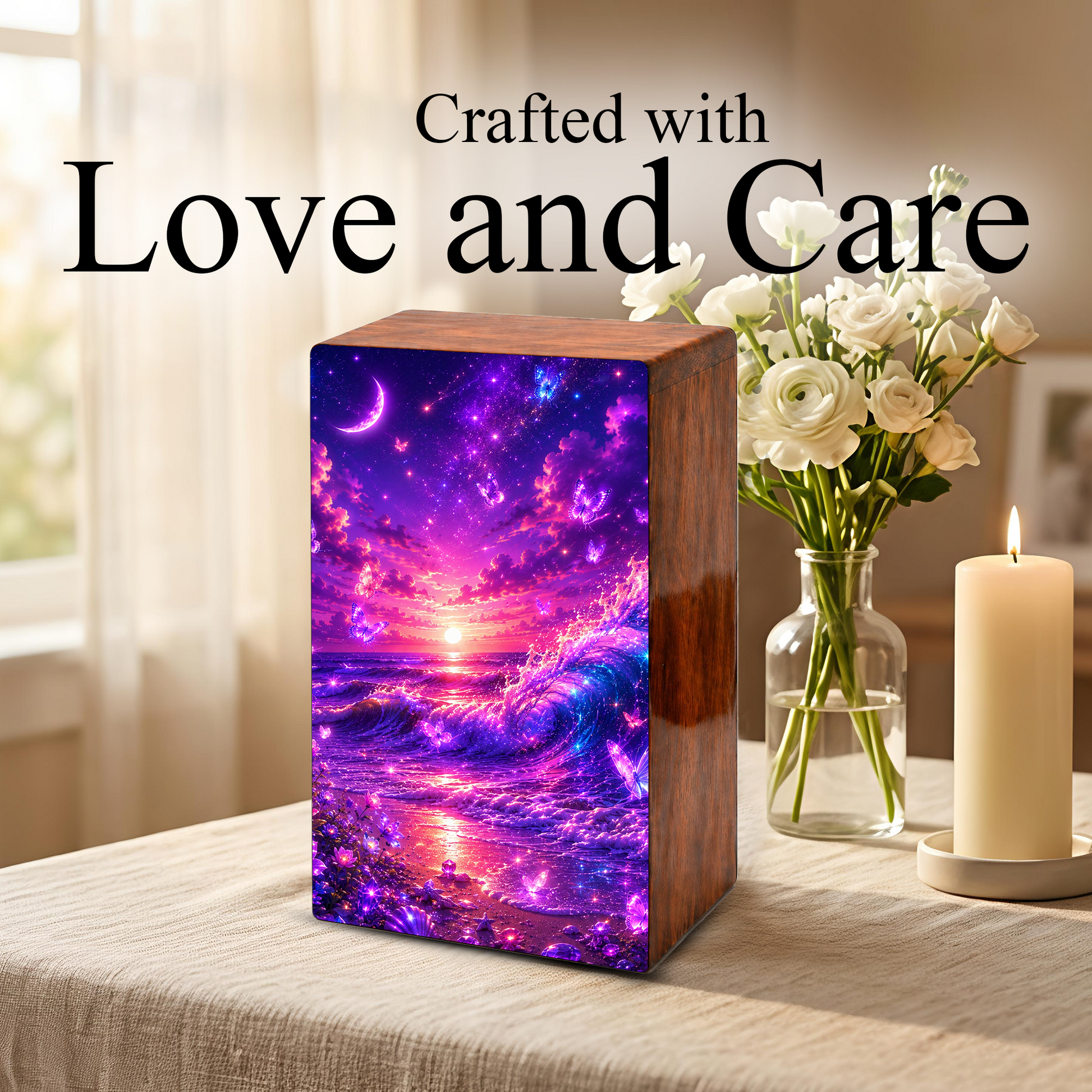 Ocean Urn For Ashes - Purple Wooden Beach Small Keepsake For Male and Female
