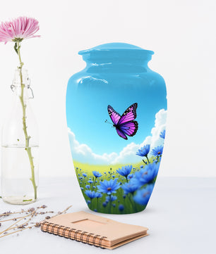 Pink Butterfly Blue Meadow Funeral Urns for Adult Female | Butterfly Cremation Urn for Human Ashes Memorial
