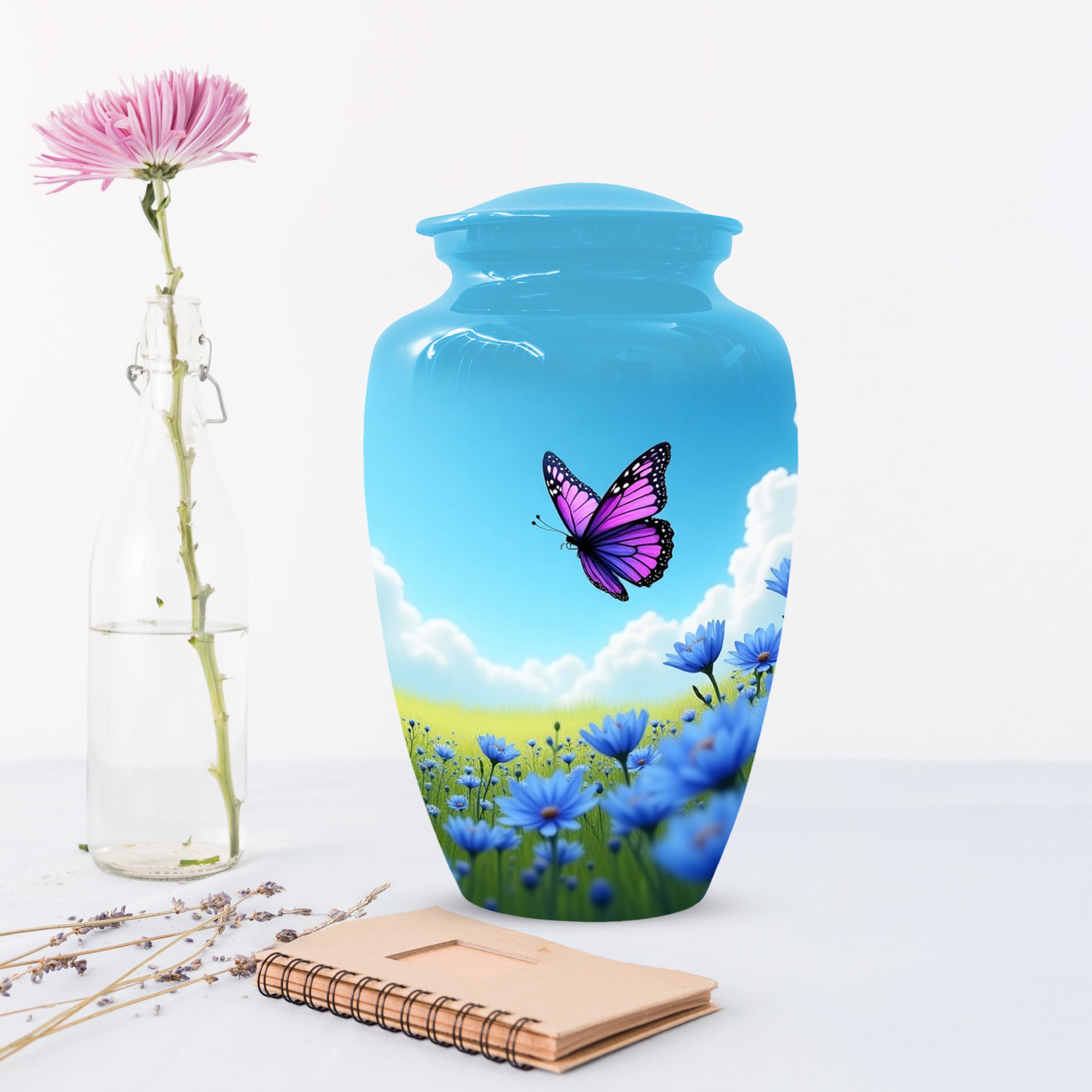 Pink Butterfly Blue Meadow Funeral Urns for Adult Female | Butterfly Cremation Urn for Human Ashes Memorial