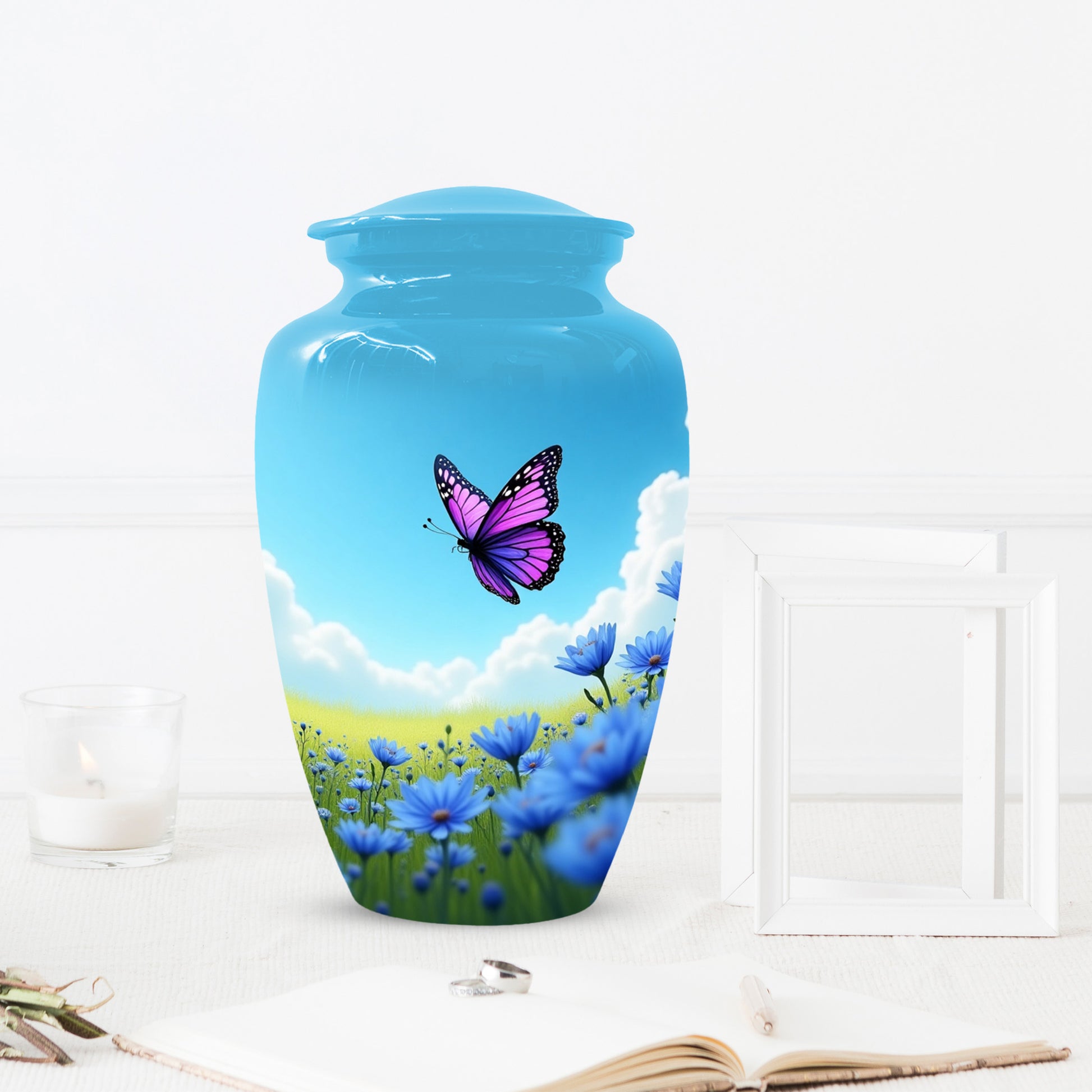 Pink Butterfly Blue Meadow Funeral Urns for Adult Female | Butterfly Cremation Urn for Human Ashes Memorial
