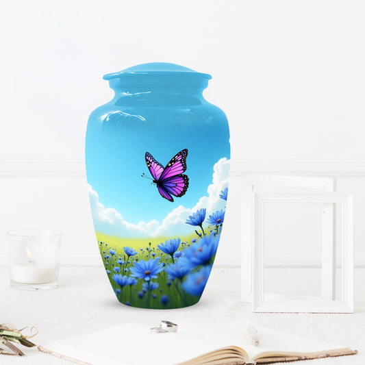 Pink Butterfly Blue Meadow Funeral Urns for Adult Female | Butterfly Cremation Urn for Human Ashes Memorial