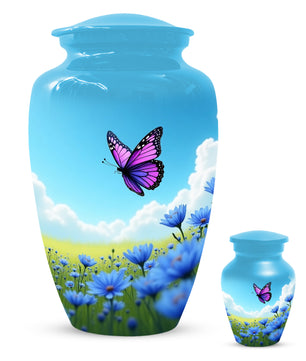 Pink Butterfly Blue Meadow Funeral Urns for Adult Female | Butterfly Cremation Urn for Human Ashes Memorial