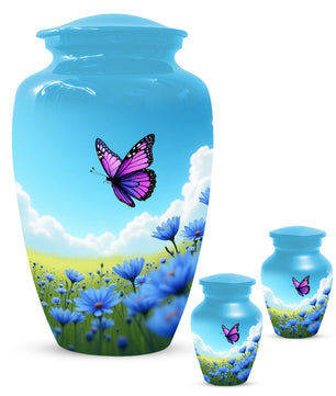 Pink Butterfly Blue Meadow Funeral Urns for Adult Female | Butterfly Cremation Urn for Human Ashes Memorial