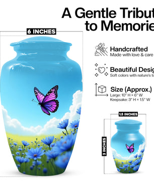 Pink Butterfly Blue Meadow Funeral Urns for Adult Female | Butterfly Cremation Urn for Human Ashes Memorial