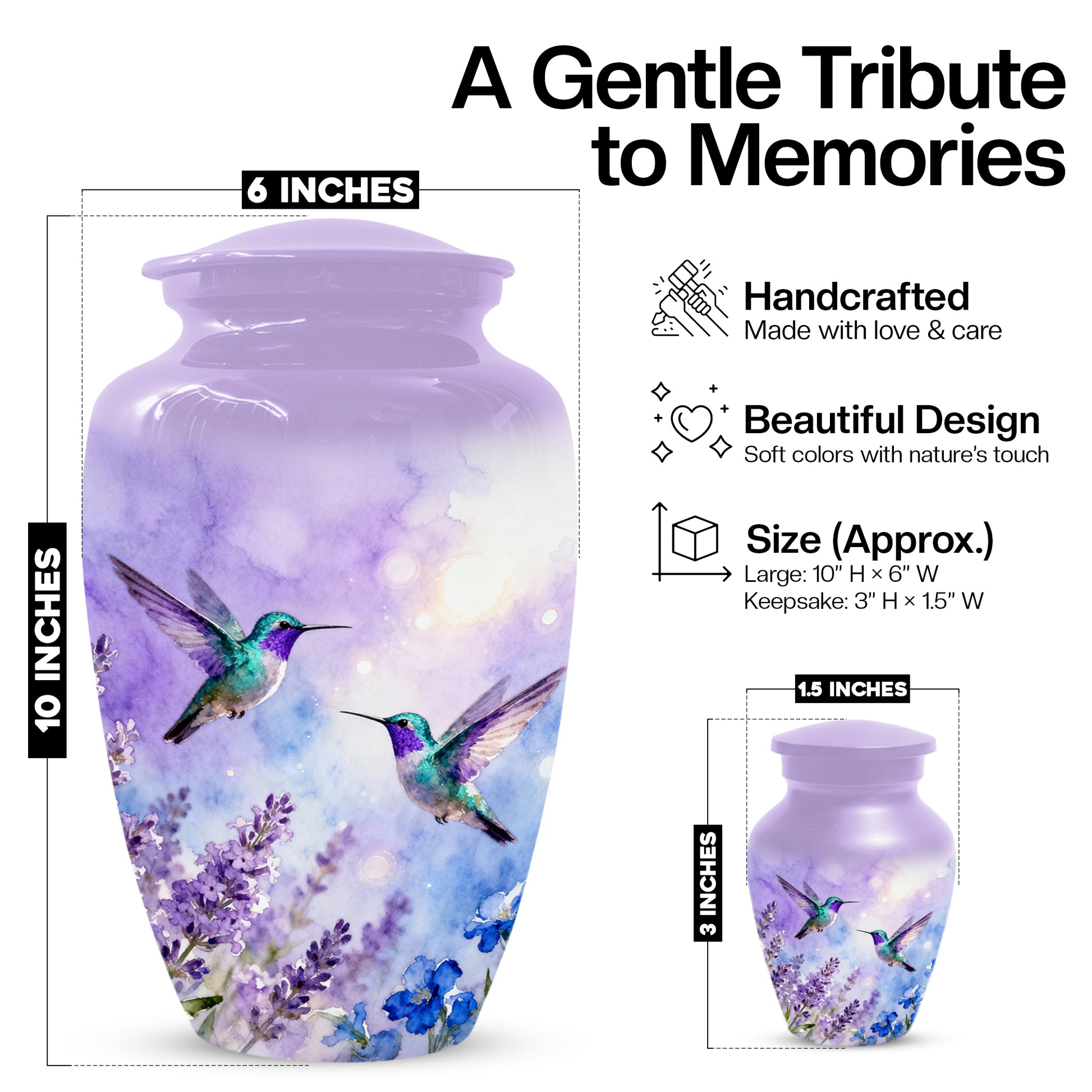 Hummingbird Lavender Adult Urn for Human Ashes | Floral Bird Cremation Urn for Women & Mom