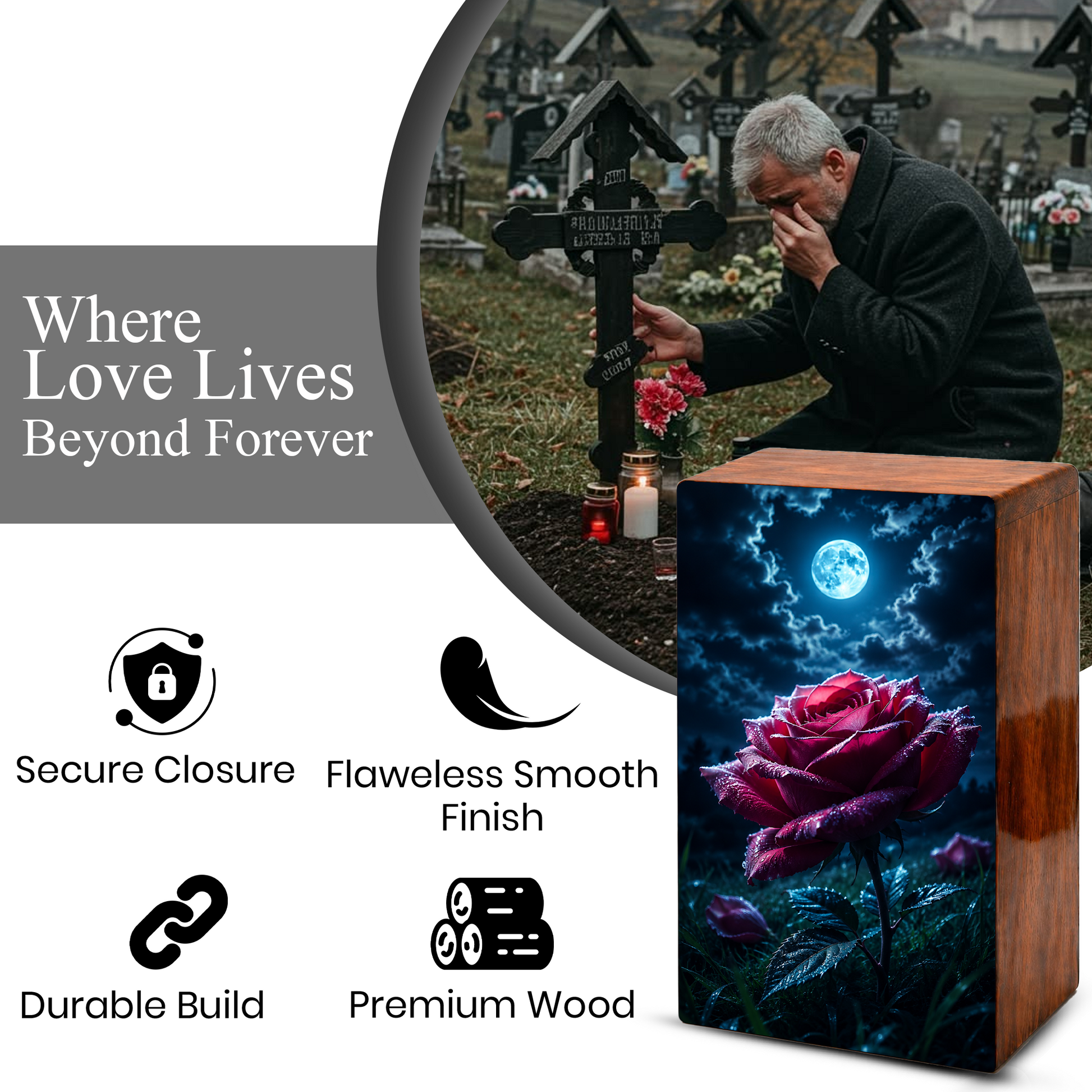 Red Rose Urn For Human Ashes - Personalized Flower Funeral Urns For Male & Female