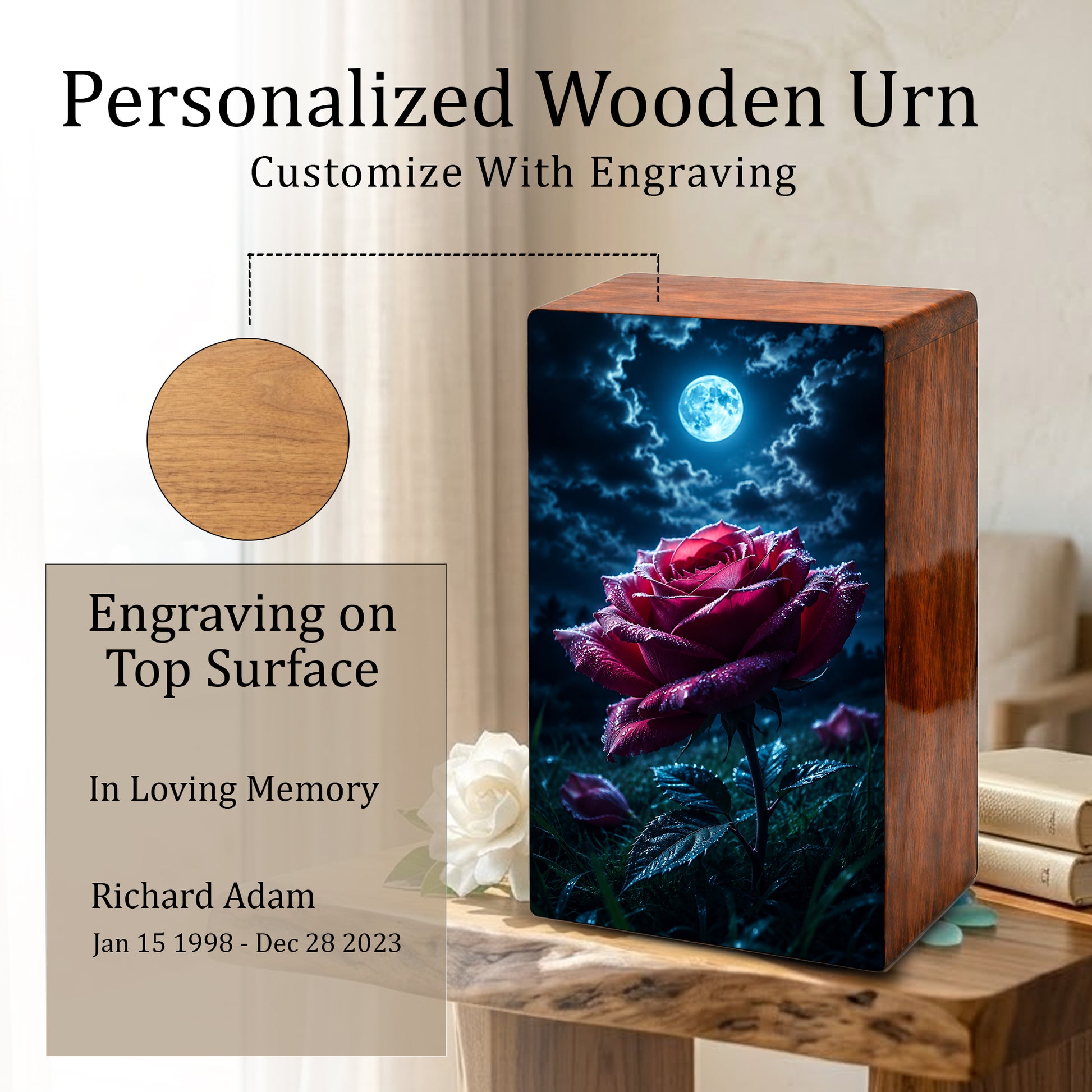 Red Rose Urn For Human Ashes - Personalized Flower Funeral Urns For Male & Female