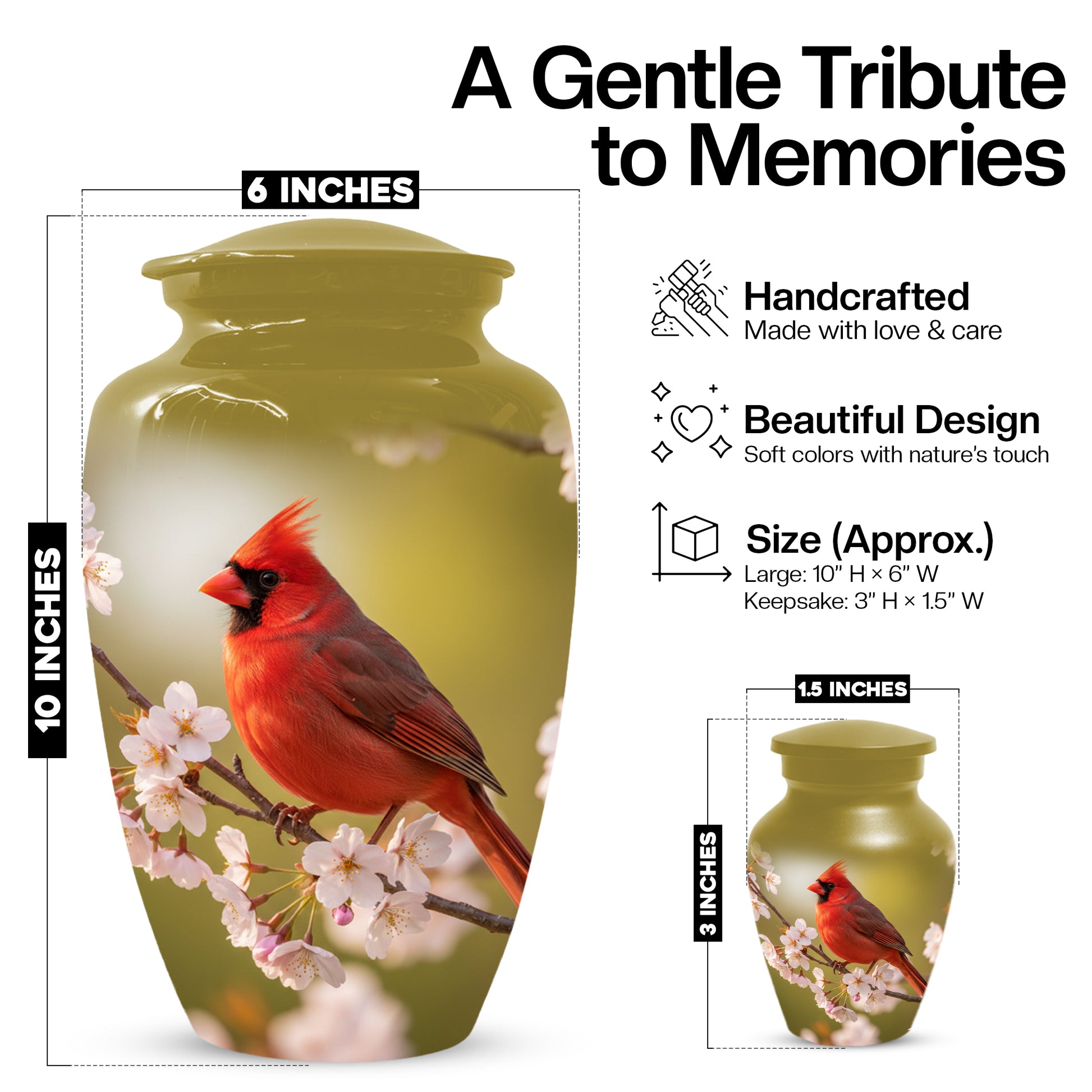 Cardinal Bird Cremation Urn for Human Ashes | Red Cardinal Memorial Adult Urn