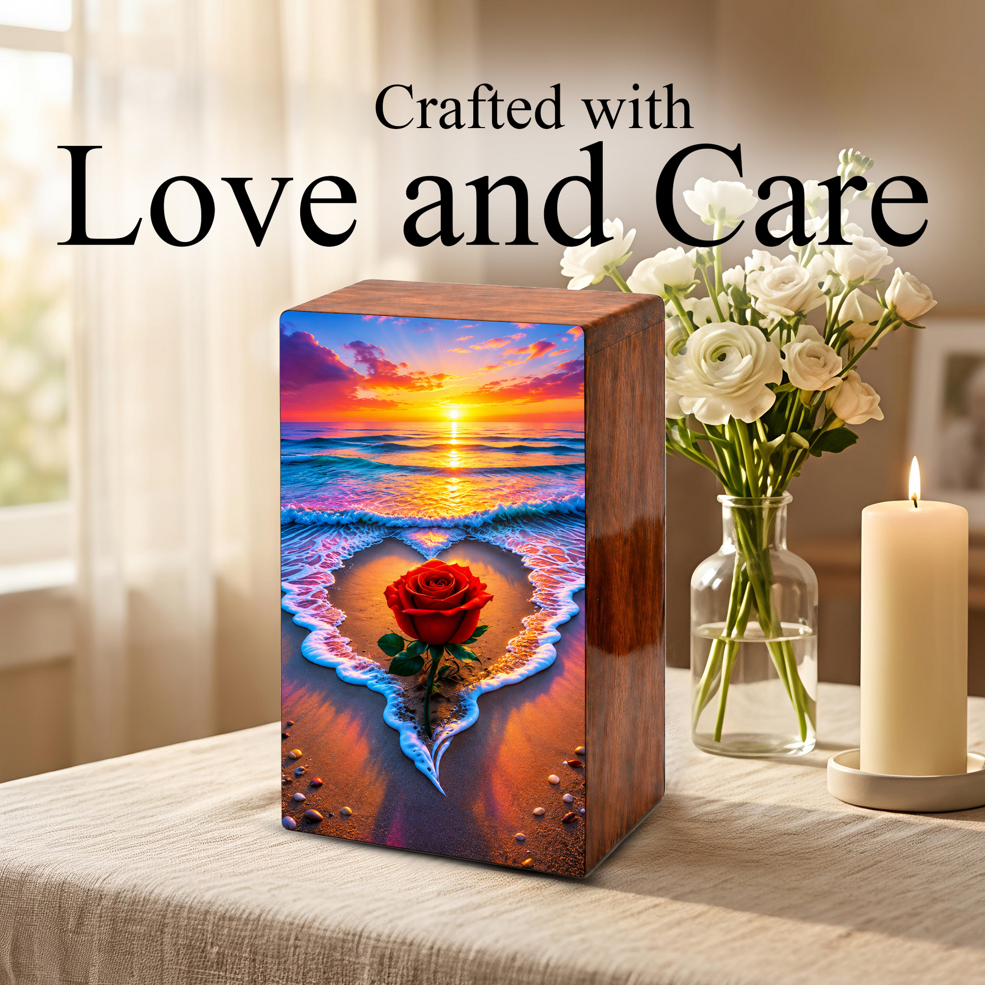 Rose Beach Urn For Human Ashes - Flower Ocean Sunset Urns For Male and Female