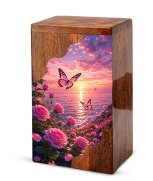 Rose Garden Wooden Cremation Urn – Butterfly Memorial Urn for Human Ashes