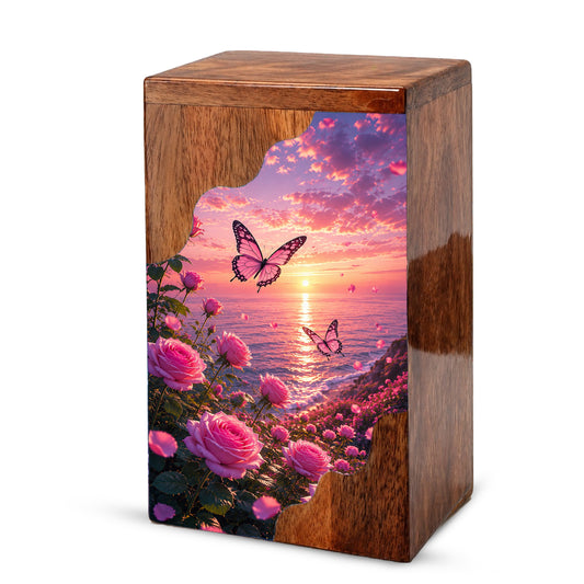 Rose Garden Wooden Cremation Urn – Butterfly Memorial Urn for Human Ashes