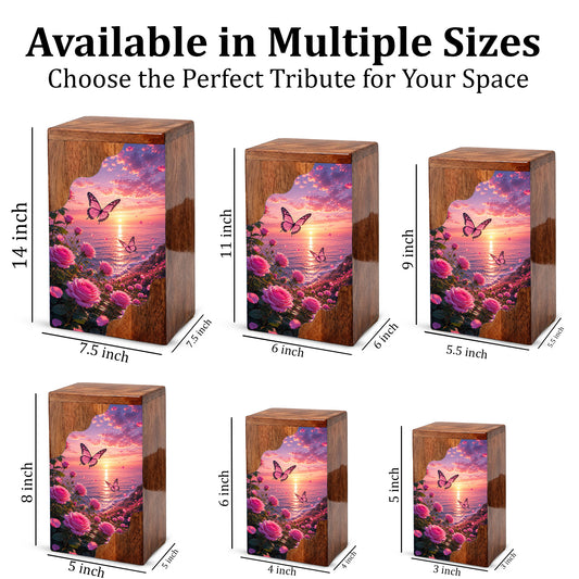 Rose Garden Wooden Cremation Urn – Butterfly Memorial Urn for Human Ashes