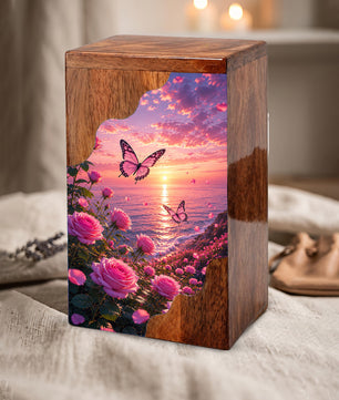 Rose Garden Wooden Cremation Urn – Butterfly Memorial Urn for Human Ashes