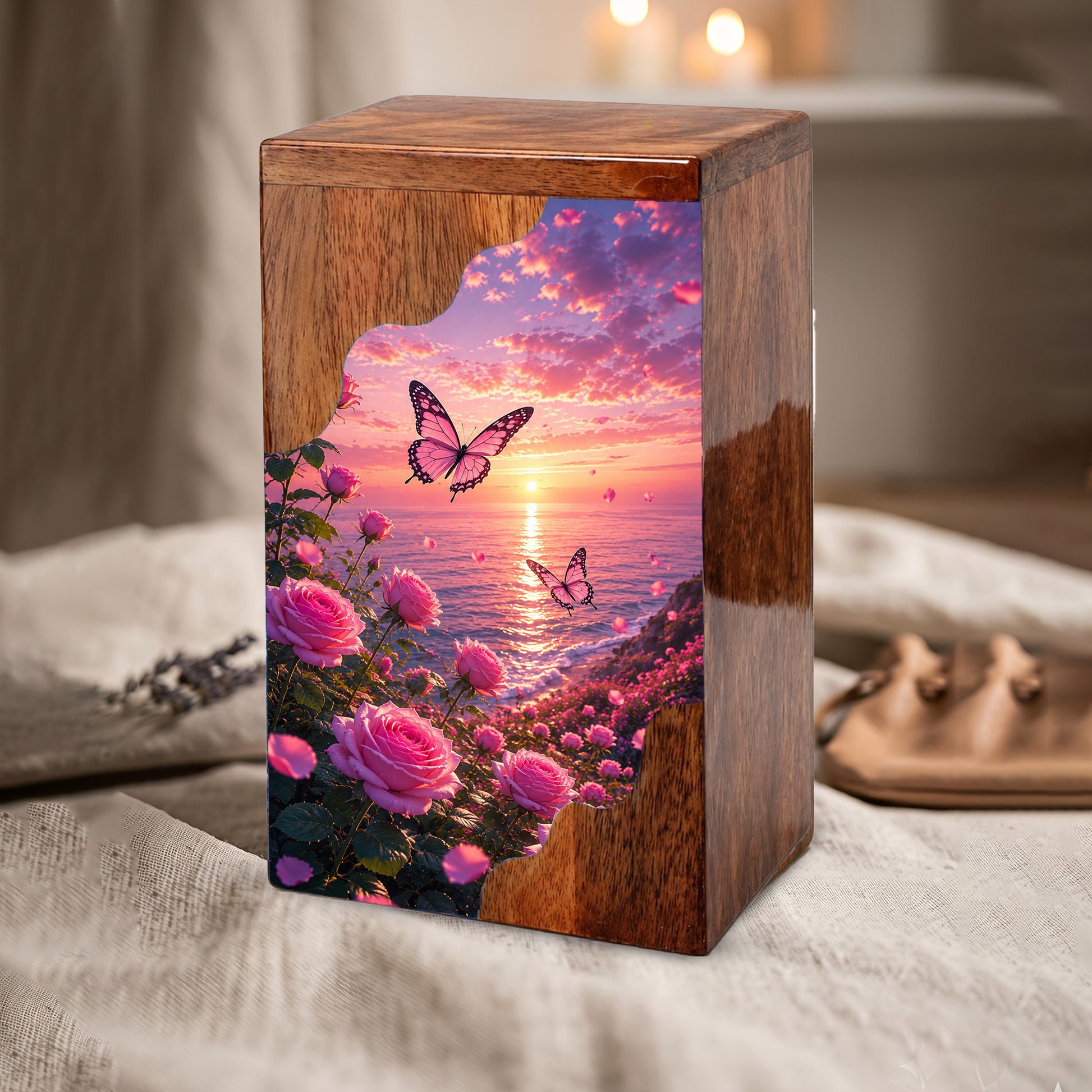Rose Garden Wooden Cremation Urn – Butterfly Memorial Urn for Human Ashes