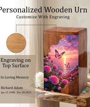 Rose Garden Wooden Cremation Urn – Butterfly Memorial Urn for Human Ashes