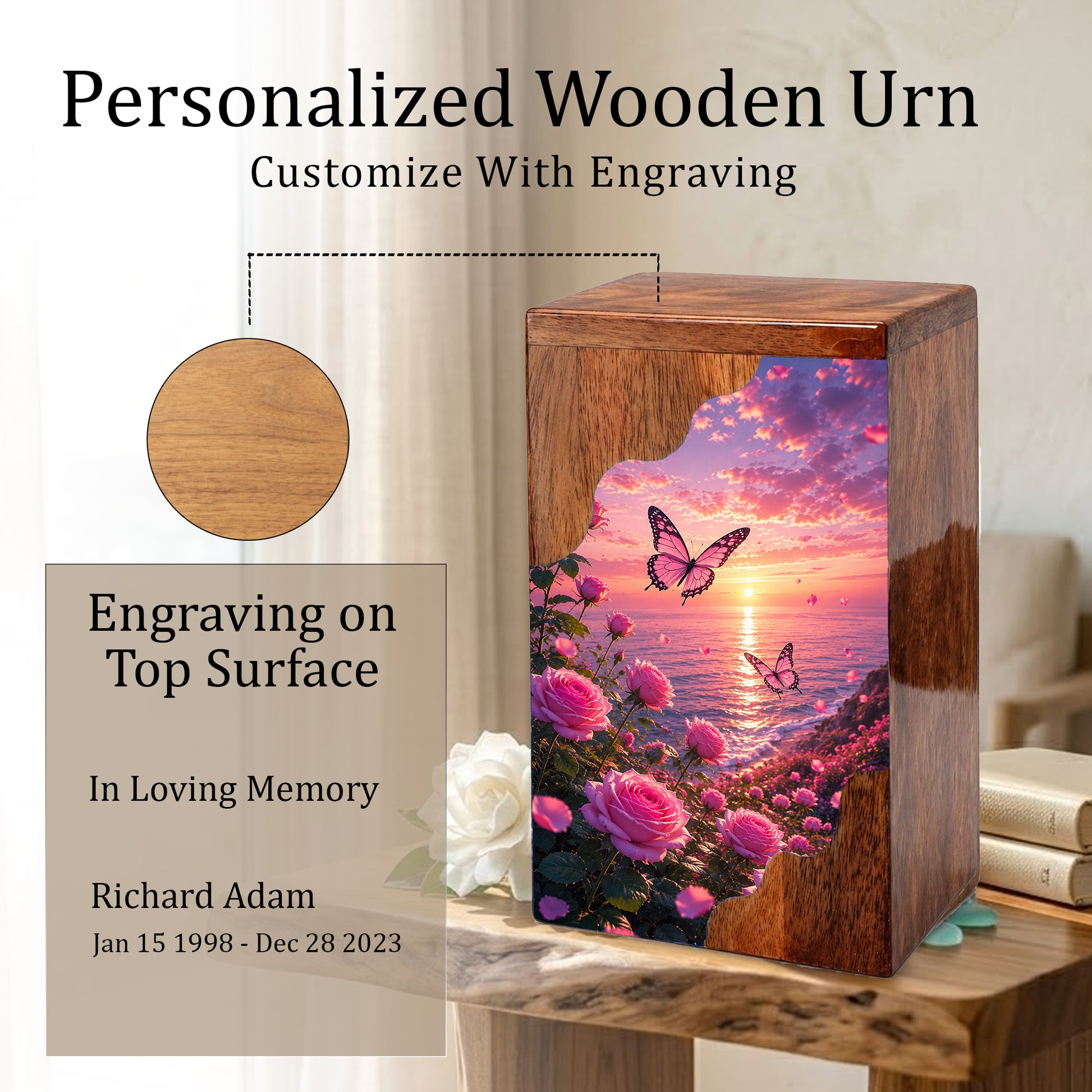 Rose Garden Wooden Cremation Urn – Butterfly Memorial Urn for Human Ashes