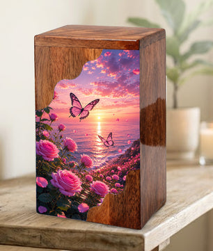 Rose Garden Wooden Cremation Urn – Butterfly Memorial Urn for Human Ashes