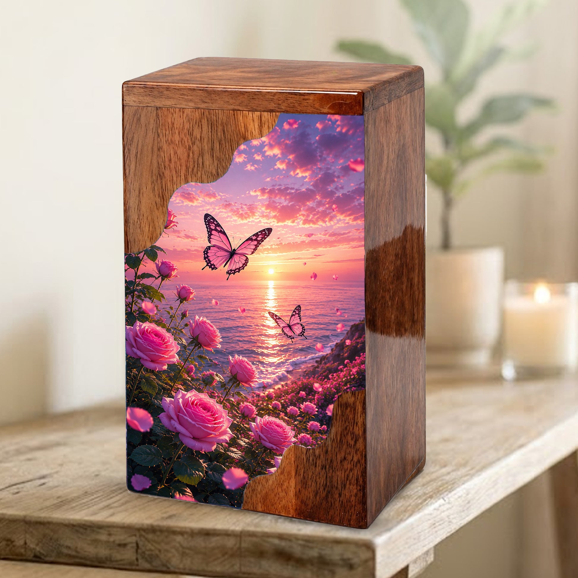 Rose Garden Wooden Cremation Urn – Butterfly Memorial Urn for Human Ashes