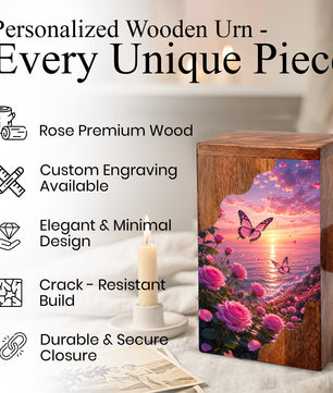 Rose Garden Wooden Cremation Urn – Butterfly Memorial Urn for Human Ashes