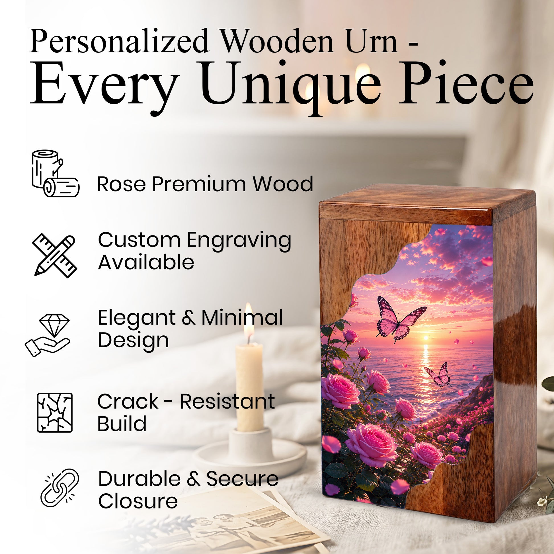 Rose Garden Wooden Cremation Urn – Butterfly Memorial Urn for Human Ashes